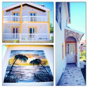 three pictures of a house with a painting of a palm tree at Apartment Emanuela in Rovinjsko Selo