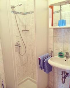 uma casa de banho com um chuveiro e um lavatório. em Apartment Emanuela em Rovinjsko Selo