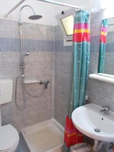 a bathroom with a shower and a toilet and a sink at Villa Teozenia in Achladies +66 photos