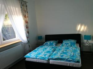 ヘーヴィーズにあるVilla Ilonaのベッドルーム1室(青いシーツと窓付)