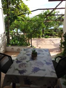 une table avec une plante assise au-dessus d'un patio dans l'établissement Villa Nada, à Rab