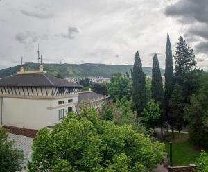 a large white building with trees and a city at Penthouse Apartment with Panoramic Views in Tbilisi City