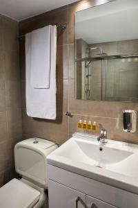 W łazience znajduje się toaleta, umywalka i lustro. w obiekcie warm stone house w Atenach