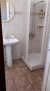 a bathroom with a sink and a shower at Elenas Home in Limassol