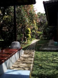 a garden with a bench in the grass at Madra Homestay in Ubud