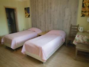 スラヴャンスク・ナ・クバニにあるMini-Hotel Svetlanaのピンクのシーツが備わる客室内のベッド2台