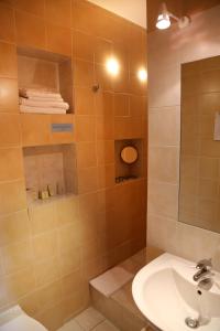 a bathroom with a sink and a shower at Logis La Garissade in Labastide-Murat