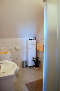 a small bathroom with a sink and a toilet at Villa Violić in Zaton +37 photos