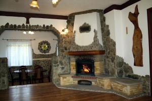 a stone fireplace in a living room with a mirror at Dom Aga Bieszczady 10 osobowy in Bukowiec