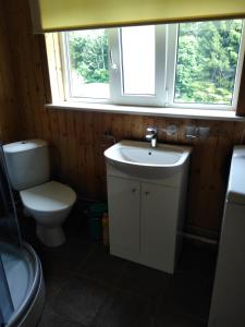 a bathroom with a toilet and a sink and a window at Narva-Jõesuu Apartment in Narva-Jõesuu