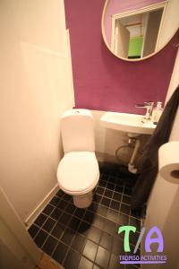 uma casa de banho com um WC, um lavatório e um espelho. em Tromso Activities Hostel em Tromsø