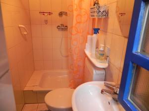a bathroom with a toilet and a sink and a shower at Haus Luise in Homberg +40 photos