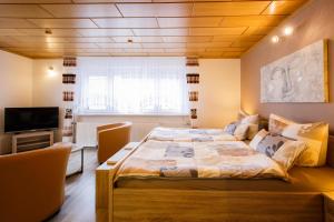 ein Schlafzimmer mit einem großen Bett und einem TV in der Unterkunft Boxis Ferienhaus in Probstzella
