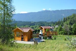 a cabin in a field with mountains in the background at Pension zum Schreiner in Hermagor