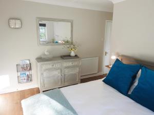 a bedroom with a bed with a blue pillow and a mirror at Church Combe - Petworth West Sussex in Petworth