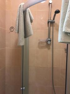 uma casa de banho com chuveiro e toalhas na parede em Galicky Dvir Hotel em Svityazʼ