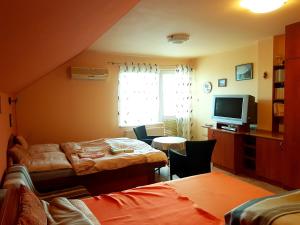 a hotel room with two beds and a television at Penzion Termál in Podhájska