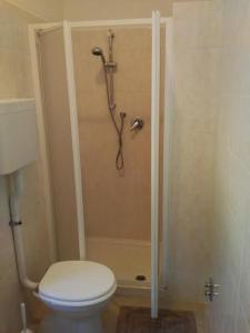 uma casa de banho com um WC e um chuveiro em Locanda del Rio em Orco Feglino