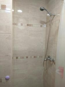 a shower with a glass door in a bathroom at Ivanoski Studios and Guest Rooms in Ohrid