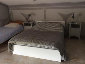 a bedroom with a bed and two night stands at Appartement les Ecureuils in La Roque-dʼAnthéron +23 photos