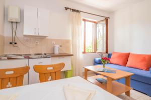 a kitchen and a living room with a blue couch at Apartments 1000 Flowers in Stari Grad