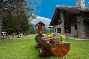 a bird bath with flowers in it in a yard at Hotel California in Champoluc +9 photos