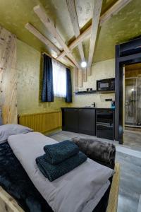 um quarto com uma cama grande e uma cozinha em Apartmány ELISA em Šumperk