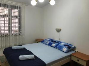 a bedroom with a bed with two pillows on it at 35 meters from sea Apartment Keser and House for rent in Karlobag