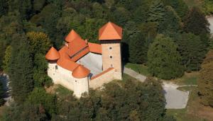eine Luftansicht eines Schlosses mit orangefarbenem Dach in der Unterkunft Albert Home in Karlovac