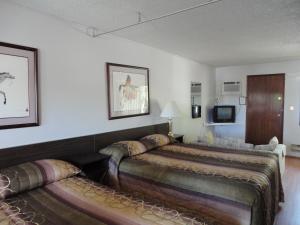 une chambre d'hôtel avec deux lits et une télévision dans l'établissement Bella Villa Resort Motel, à Osoyoos
