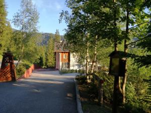 uma estrada que leva a um edifício na floresta em Hotel Ca' del Bosco em Selva di Cadore