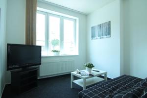 a room with a bed and a tv and a window at Apartman Amanda in Poděbrady