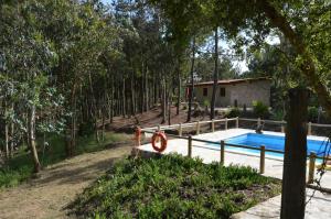 a swimming pool in a yard next to a house at Quinta dos Mangues in São Martinho do Porto