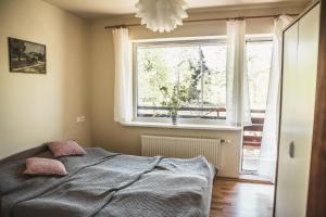 um quarto com uma cama em frente a uma janela em Krauklis beach apartments em Saulkrasti