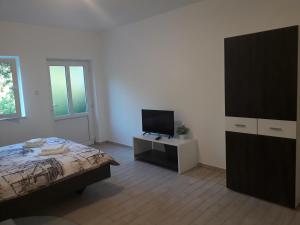 a bedroom with a bed and a flat screen tv at Apartments Lucija in Senj