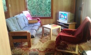 een woonkamer met een bank, 2 stoelen en een tv bij chalet Imme in Resteigne