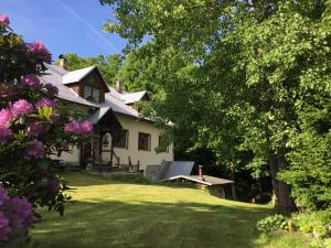 una casa con tavolo da picnic in cortile di Chalupa U Potoka a Josefŭv Dŭl