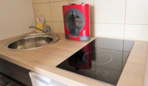 a kitchen counter with a sink and a coffee maker at Mia Airport studio apartment in Velika Gorica