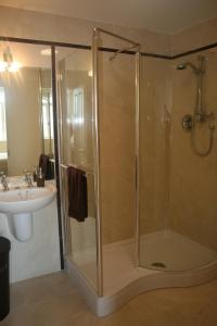 een badkamer met een douche en een wastafel bij Seaview Reenellen in Valentia Island