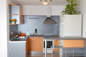 a kitchen with a sink and a refrigerator at Guest House Dobi in Primorsko