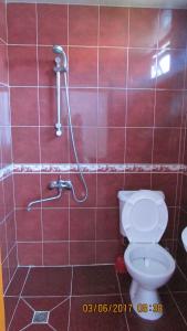 a red tiled bathroom with a toilet and a shower at Sunny house Kobuleti in K'obulet'i