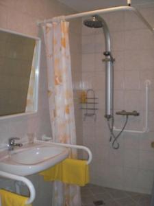 a bathroom with a sink and a shower with a mirror at Hotel Bergkristall in Schwarzenberg am Bohmerwald