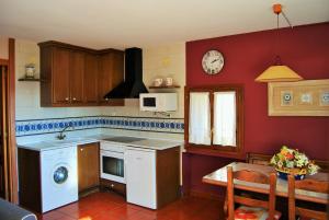 uma cozinha com paredes vermelhas e uma máquina de lavar louça branca em Casa Azon em Oliván