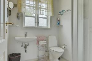 a bathroom with a toilet and a sink and a window at Kollund Rooms in Kollund Østerskov