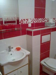 a red and white bathroom with a sink and a toilet at Pension Duel in Ústí nad Labem