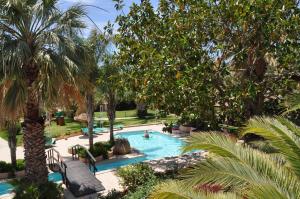 a pool with palm trees and people swimming in it at Green Village Resort in Villasimius