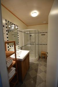 a bathroom with a shower and a sink and a tub at Reiterbauernhof Schönlehenhof in Mank