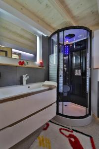 a bathroom with a shower and a sink and a tub at Ferienhaus Mitterdorf in Philippsreut