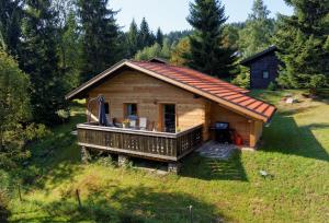 una cabaña de madera en una colina con terraza en Ferienhaus Mitterdorf en Philippsreut