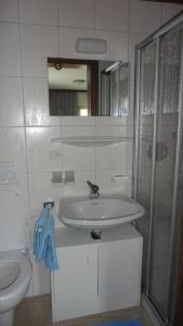 a bathroom with a sink and a shower and a toilet at Appartement Neumann in Finkenberg